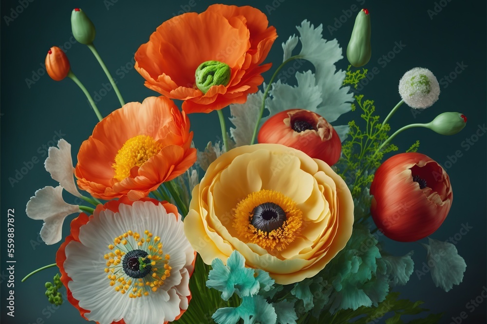 Poster a bouquet of flowers with orange, white and red flowers in it on a green background with a black bac