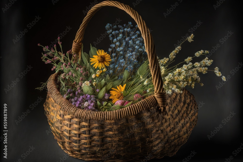 Poster a basket with flowers and plants in it on a table top with a black background and a black background