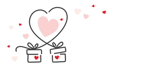 Line design heart and gift boxes with pink red hearts in background for Valentine's Day greeting card