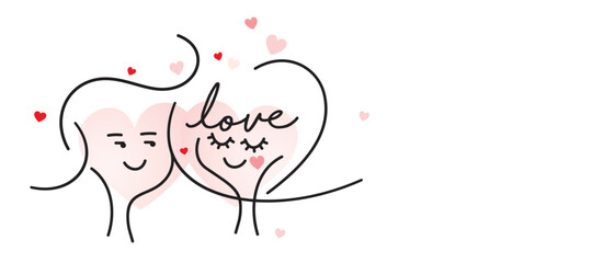 Couple in love. Two happy hearts in love with many pink red hearts. Valentine's Day greeting card