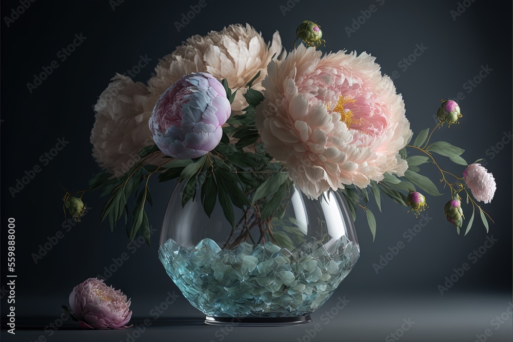 Poster a vase filled with flowers on top of a table next to a vase filled with water and pebbles on the gro