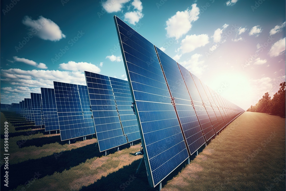 Aufkleber a row of solar panels in a field with the sun shining through the clouds above them and a blue sky w