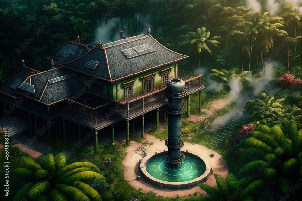Poster a painting of a house in the middle of a forest with a fountain in front of it and a lot of trees ar