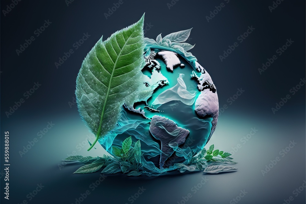 Poster a green leaf is on top of a blue globe with a map of the world on it and a leaf on top of the globe 