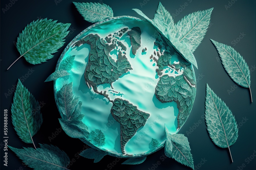 Poster a green earth with leaves surrounding it on a black background with a blue background and a green ba
