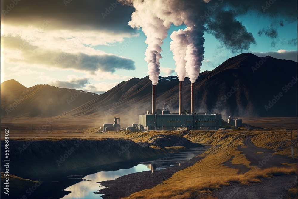 Poster a factory with smoke stacks and a river in the foreground with mountains in the background and a clo