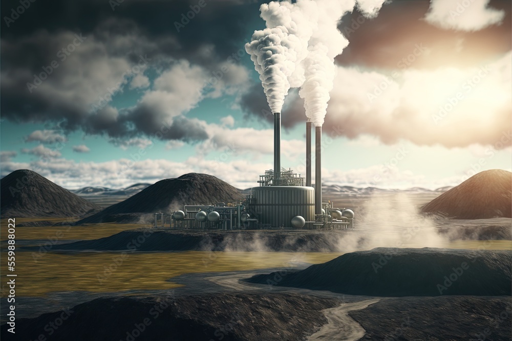 Poster a factory with smoke coming out of it's stacks and smoke stacks in the sky above a mountain range wi
