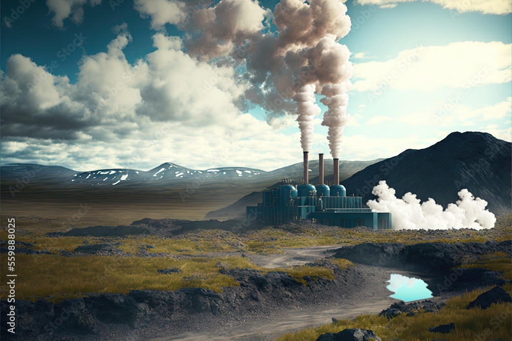 Poster a factory with smoke coming out of it's stacks and a river running through it in a field with mounta