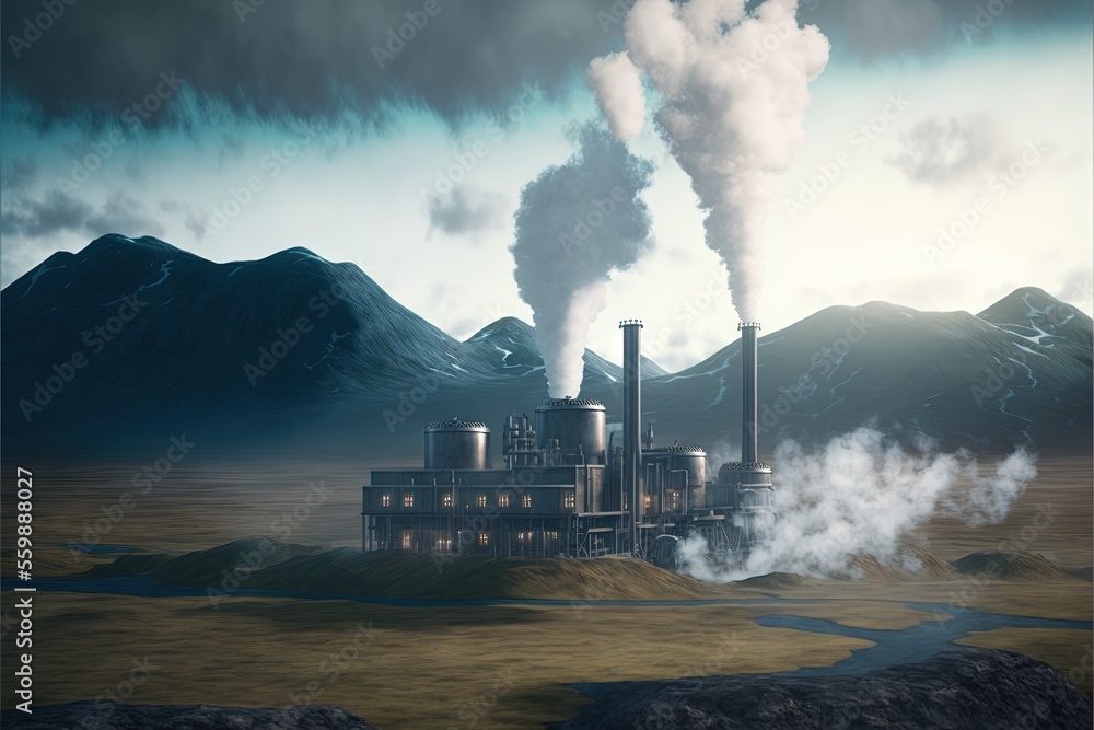 Poster a factory with smoke coming out of it's stacks and smoke stacks rising from it's stacks and a river 
