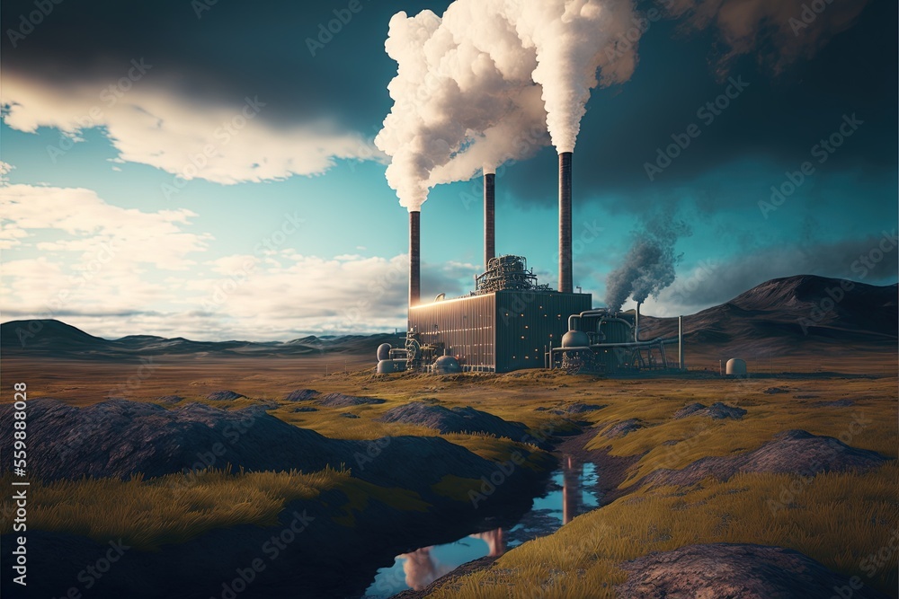Poster a factory with smoke coming out of it's stacks and a stream of water in the foreground with a mounta