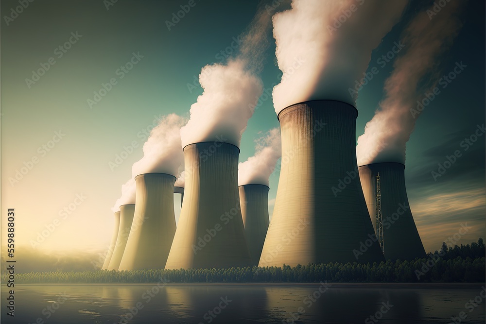 Poster a group of smoke stacks rising from a lake with trees in the background and a blue sky with clouds i
