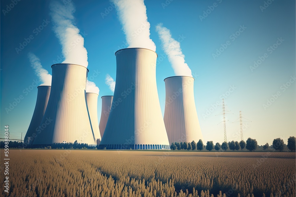Poster a large factory with smoke coming out of it's stacks and cooling towers in the background, with a wh