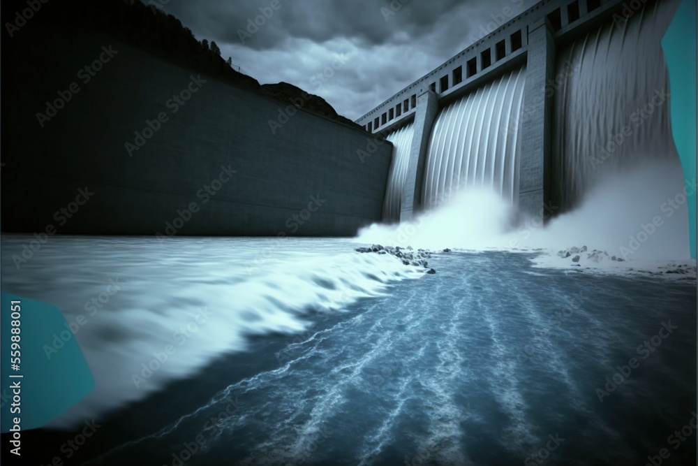 Poster a large dam with water rushing out of it's sides and a sky background with clouds above it and a riv