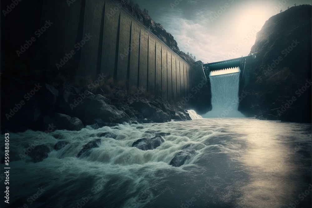 Poster a large waterfall with a large opening in the middle of it's side and a river running underneath it,