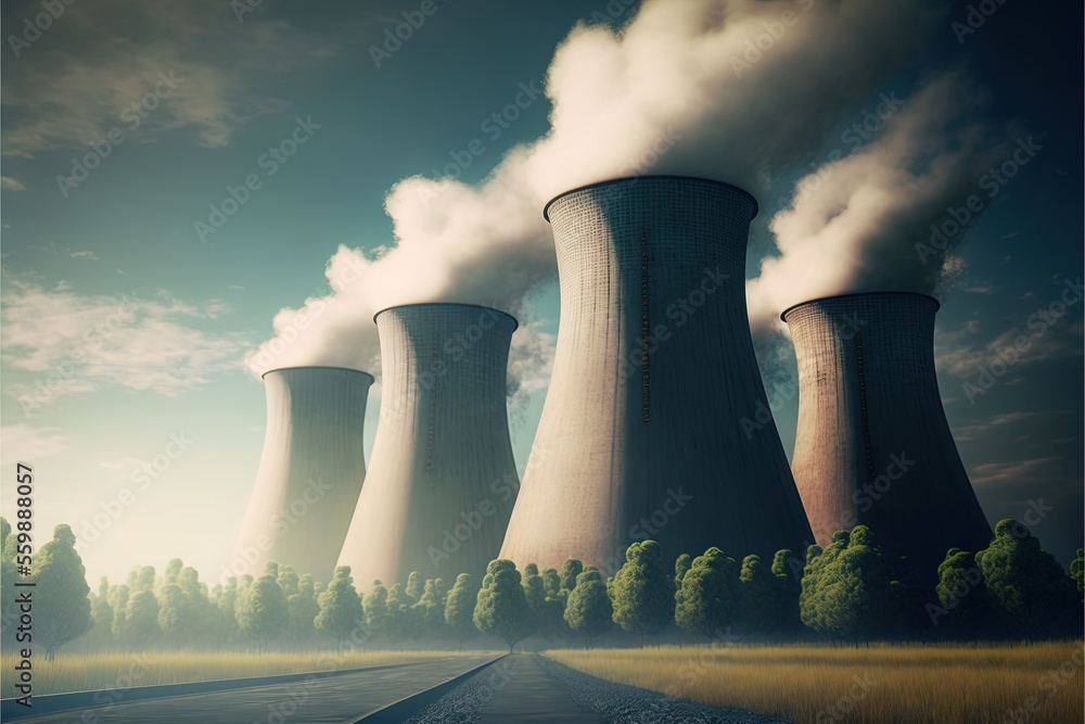 Poster a group of cooling towers with smoke coming out of them on a road in front of a field and trees with