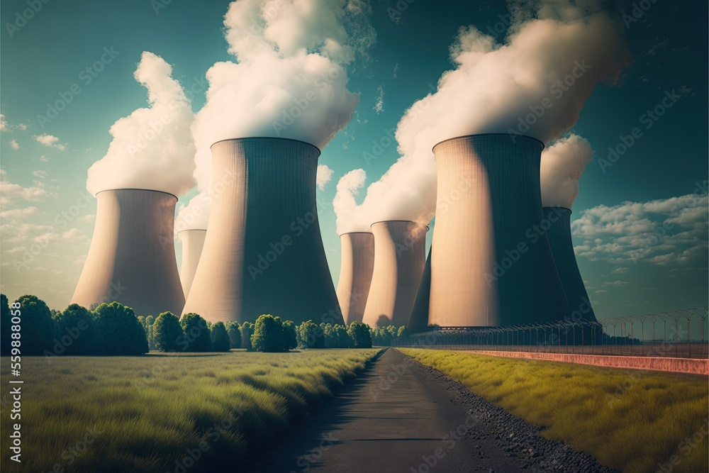 Poster a group of cooling towers with smoke coming out of them in a field of grass and trees on a sunny day
