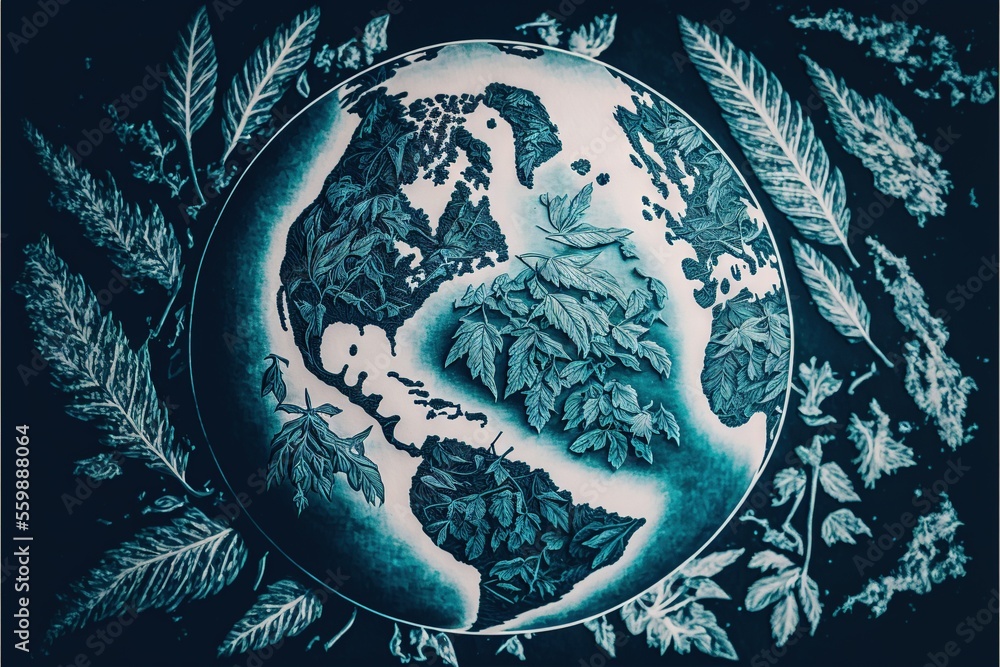 Poster a plate with a picture of the earth on it and leaves around it on a black background with a blue bor
