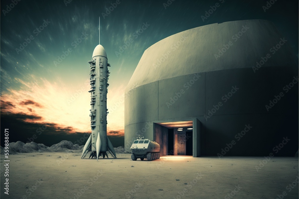 Poster a rocket sitting on top of a cement building next to a car parked in front of it on a dirt field nea