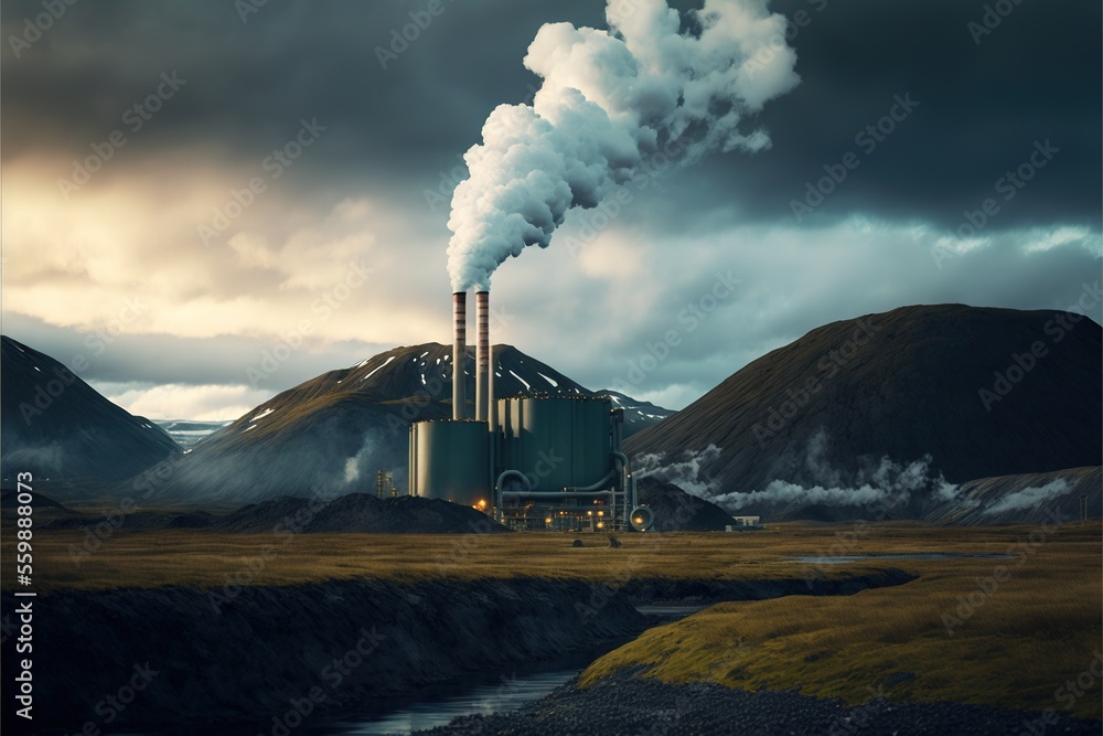 Poster a factory with smoke coming out of it's stacks and pipes in a field with mountains in the background