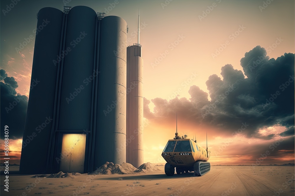 Poster a vehicle parked in front of a large tower in the desert at sunset or dawn with clouds in the sky ab
