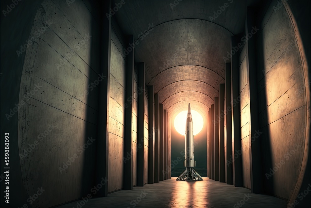 Poster a very long hallway with a light at the end of it and a rocket on the floor in the middle of the hal