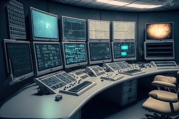  a control room with multiple monitors and a chair in front of it and a lot of other equipment on the wall behind the desk and a chair in front of the room with a lot. - obrazy, fototapety, plakaty