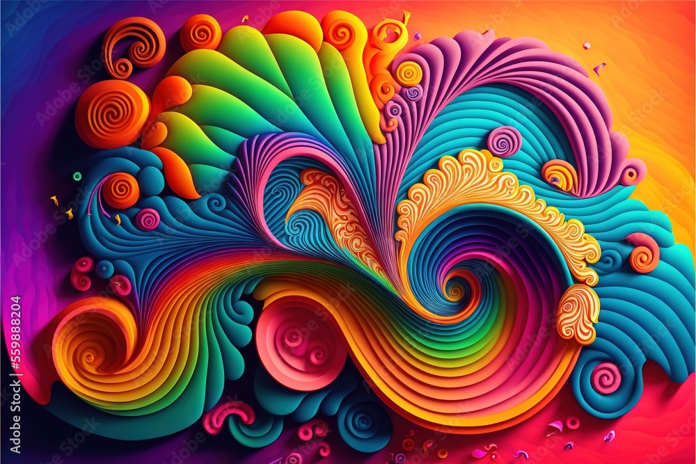 Poster a colorful abstract painting with swirls and bubbles on a blue background with a red, yellow, and gr