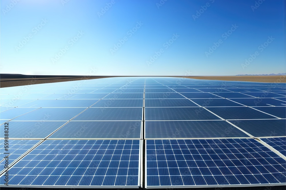 Poster a large solar panel in a desert with a blue sky in the background and a few clouds in the sky above 