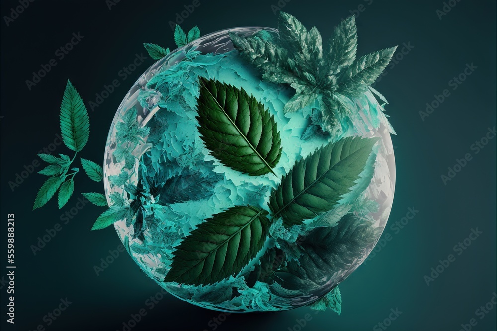 Poster a glass sphere with leaves floating on top of it, and a green background with a blue sky and a green