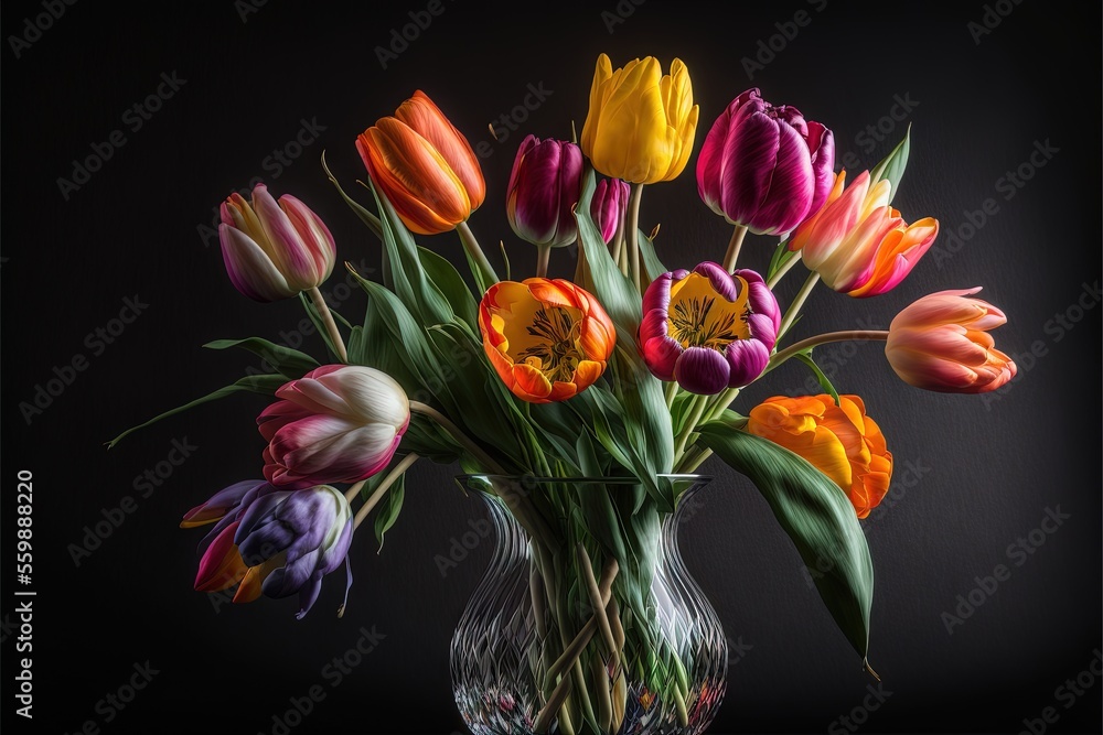 Poster a vase filled with lots of colorful flowers on a table top next to a black wall with a black backgro
