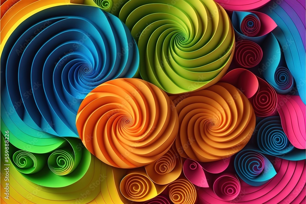 Poster a colorful abstract background with spirals and colors of different colors and sizes, including red,