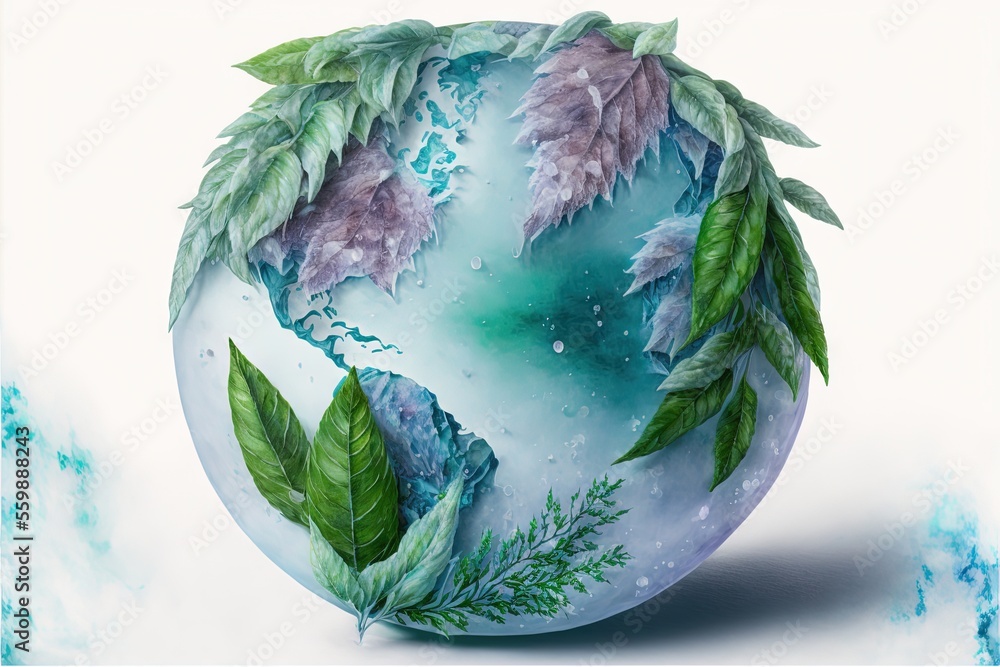 Poster a painting of a globe with leaves and water on it's surface and a blue background with a white borde