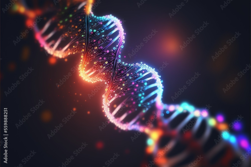 Poster a 3d image of a double - stranded strand of colorful lights on a dark background with a black backgr