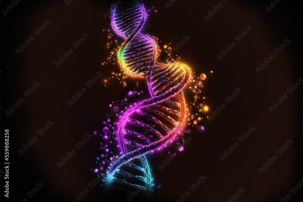 Poster a digital image of a double - stranded structure with glowing lights and bubbles in the background, 