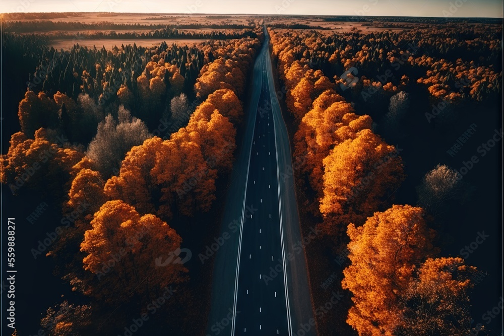 Poster a road surrounded by trees with a sky background and a sun setting in the distance above it, with a 