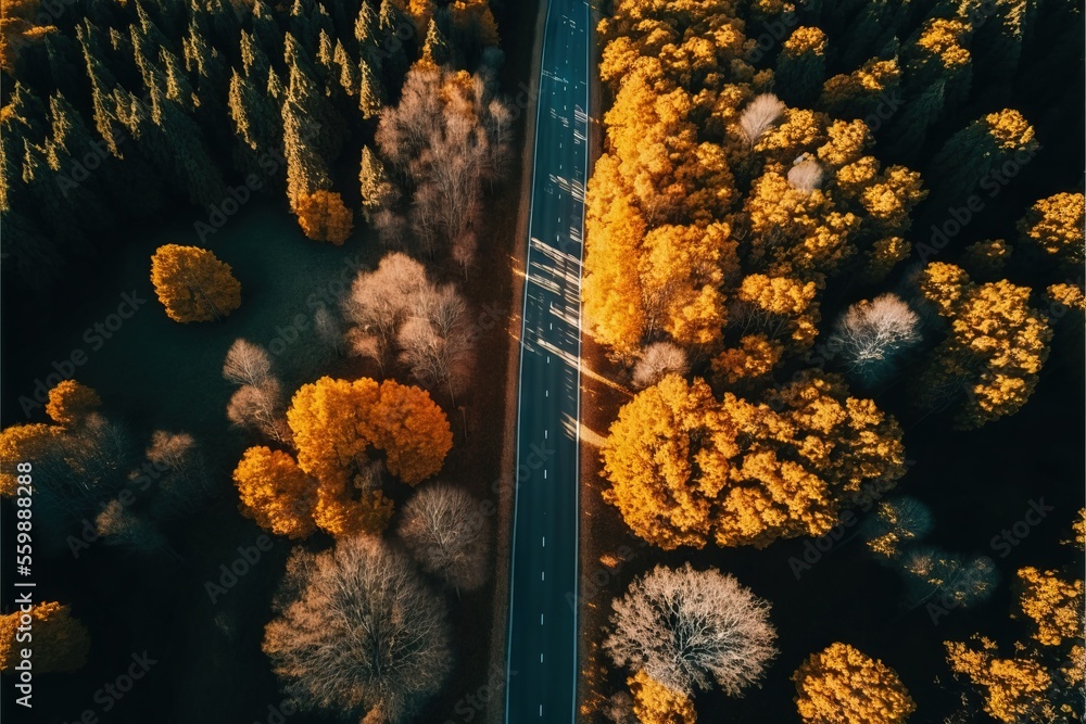 Poster a road surrounded by trees with yellow leaves on them and a blue sky above it with a few clouds in t