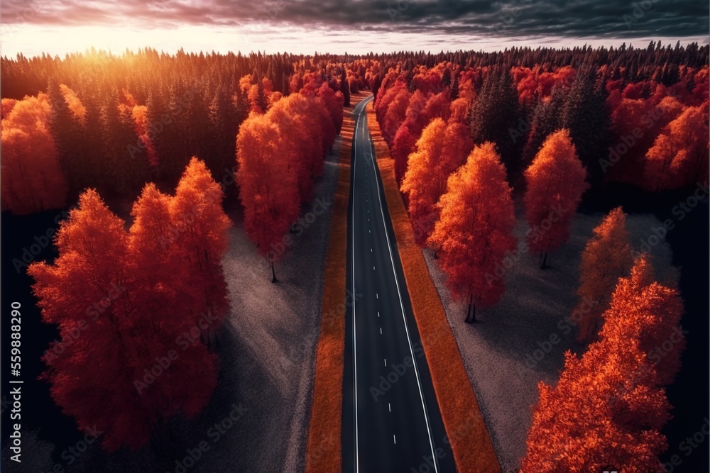Poster a road surrounded by trees with orange leaves on it and a cloudy sky above it, with a sun setting in