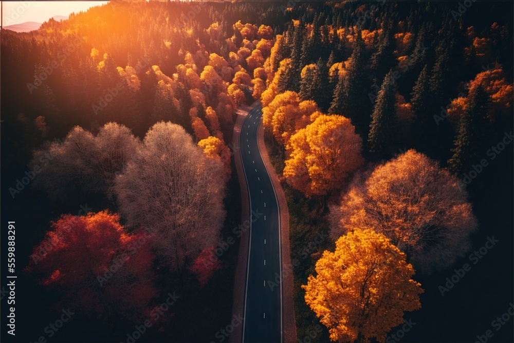 Poster a road surrounded by trees with yellow and red leaves on it and a sunset in the background with a sk