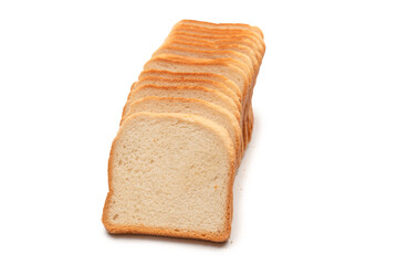Delicious bread slices isolated on a white background, top view.