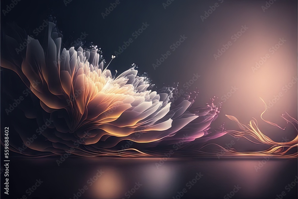 Poster a painting of a flower with a dark background and a light in the middle of the image is a blurry ima