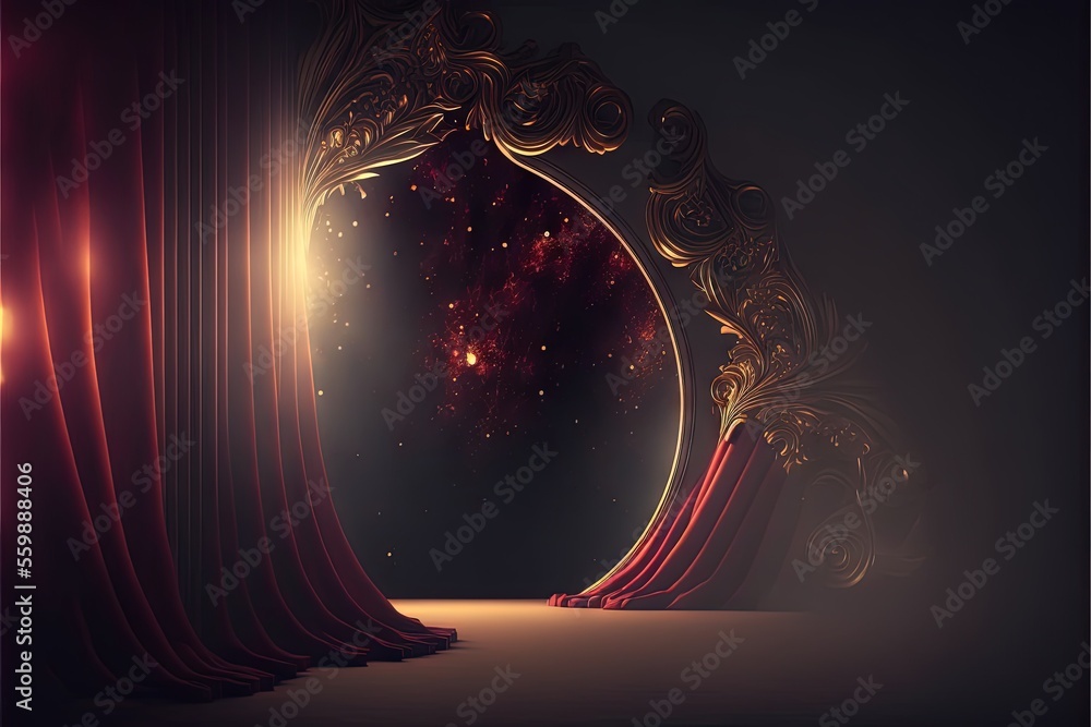 Poster a stage with a curtain and a stage light in the middle of it with a red curtain and a red curtain on