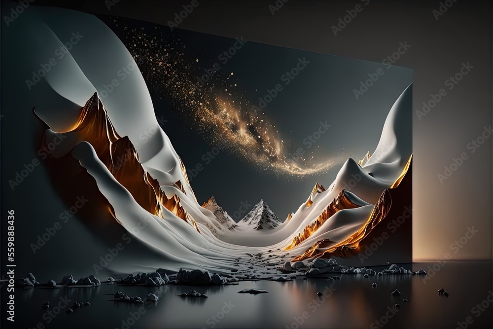 Poster a large picture of a mountain range with a star filled sky above it and a mountain range in the dist