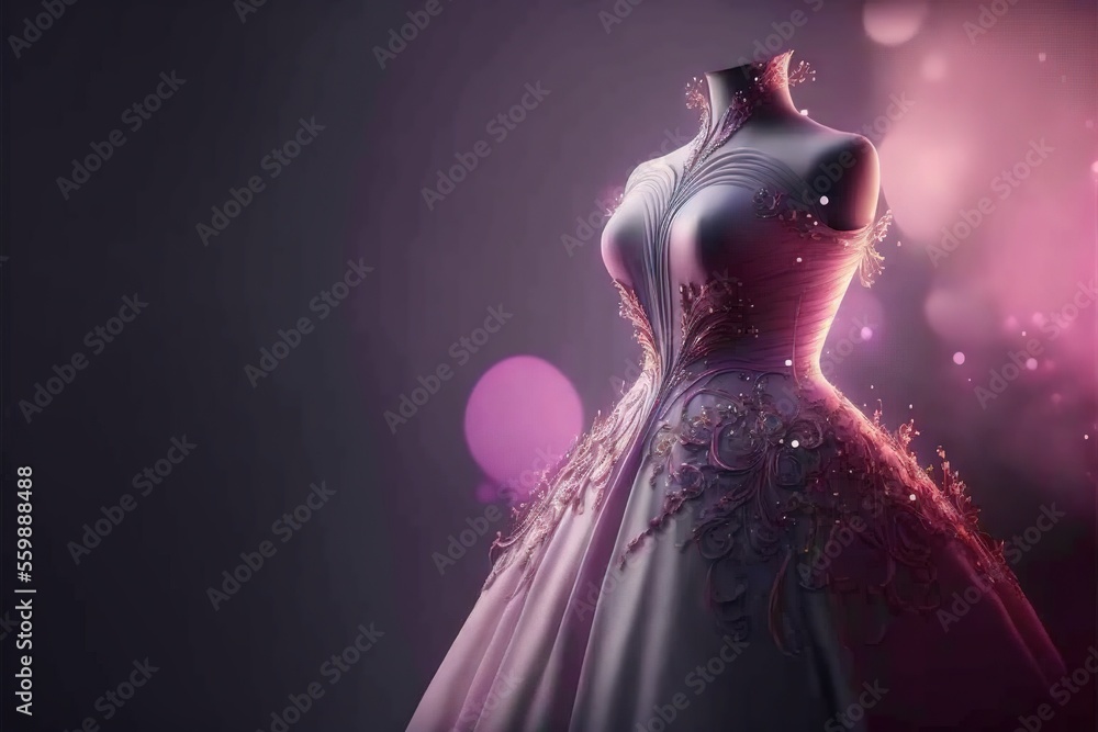 Poster a dress is shown on a mannequin in a dark room with balloons in the background and a pink light behi