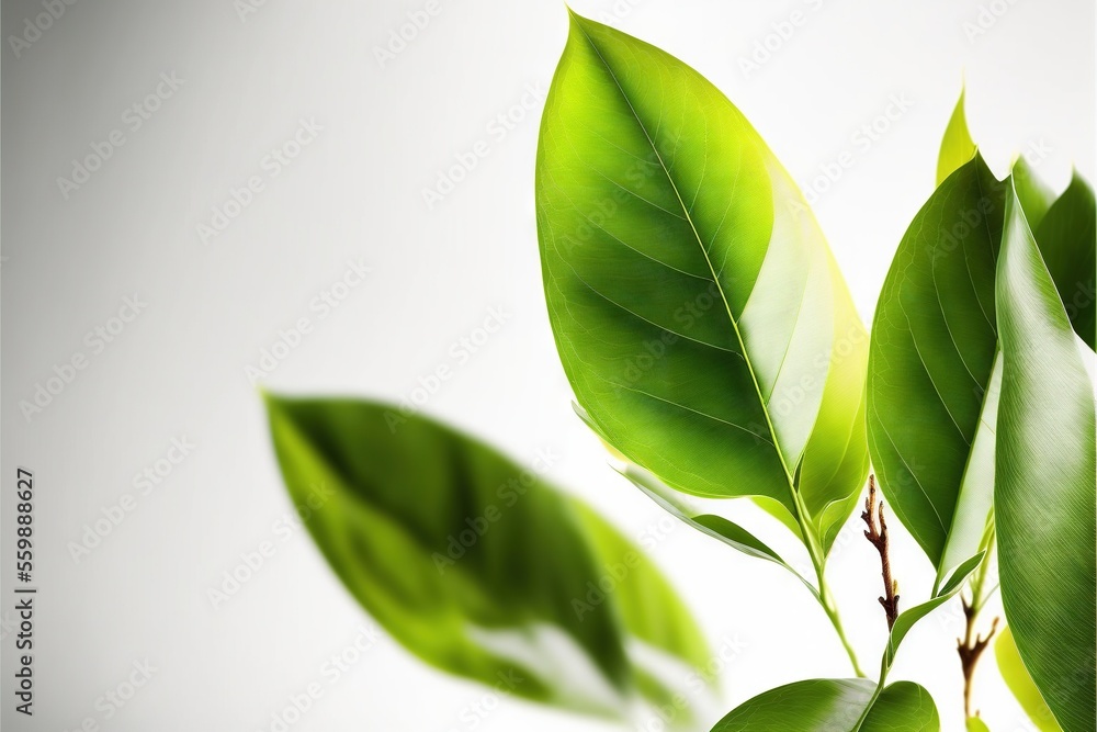 Aufkleber a close up of a green leaf on a tree branch with a white background and a blurry image of the leaves