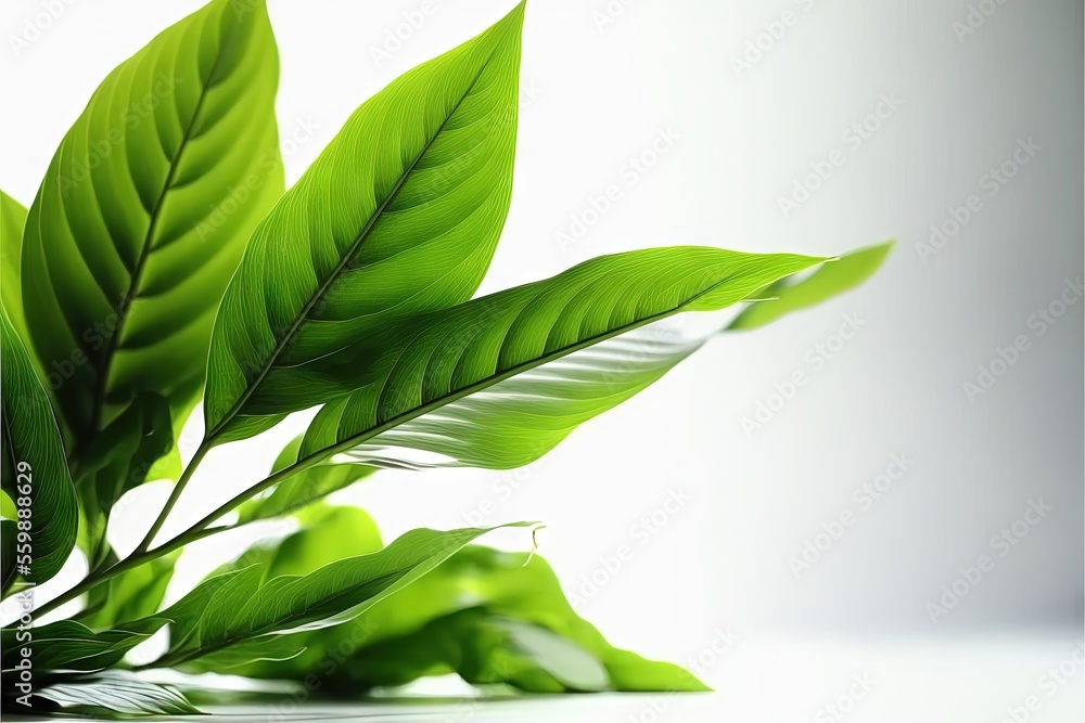 Poster a green plant with leaves on a white background with a reflection of the leaves on the table top of 