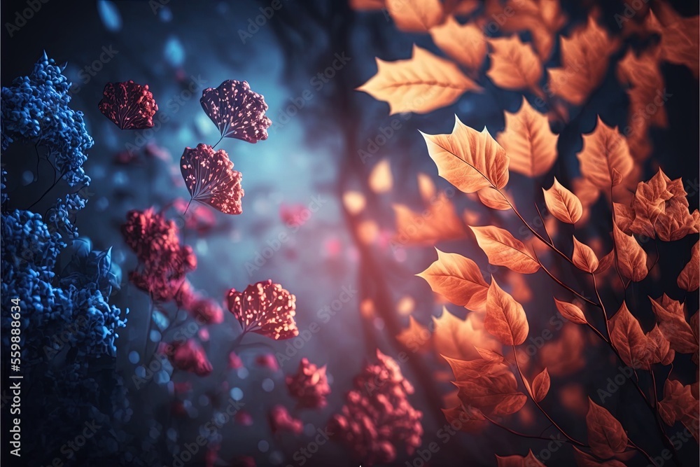 Poster a bunch of leaves that are on a wall with a blue background and a red and blue background with a blu