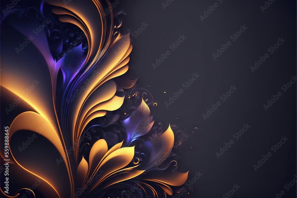 Poster a computer generated image of a flower with a dark background and a gold and blue design on the bott