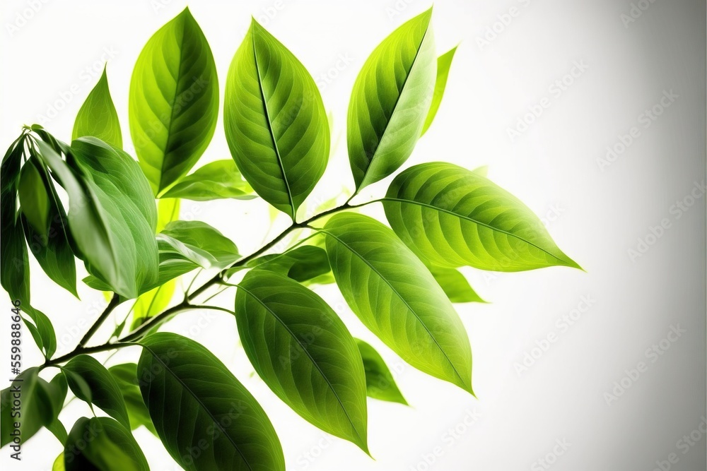 Poster a branch with green leaves on a white background with a light reflection in the background of the im