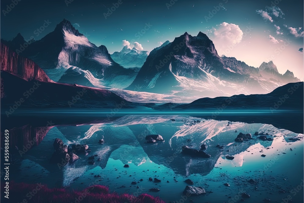 Poster a mountain range with a lake and rocks in the foreground and a sky with clouds and stars above it, w