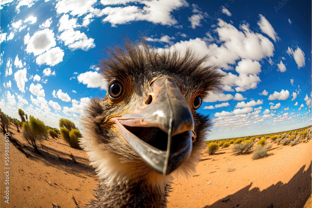 Aufkleber a bird with a very large beak and a sky background with clouds and trees in the foreground, with a d